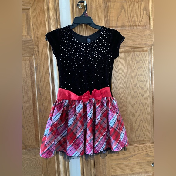 Girls Size 10 George Sparkly Dress with Red Bow and Plaid Skirt Short Sleeves - Picture 1 of 5